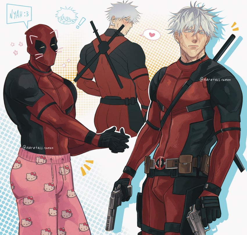 gojou satoru, deadpool, and hello kitty (marvel and 6 more) drawn by ushy_(narutoss_ramen)
