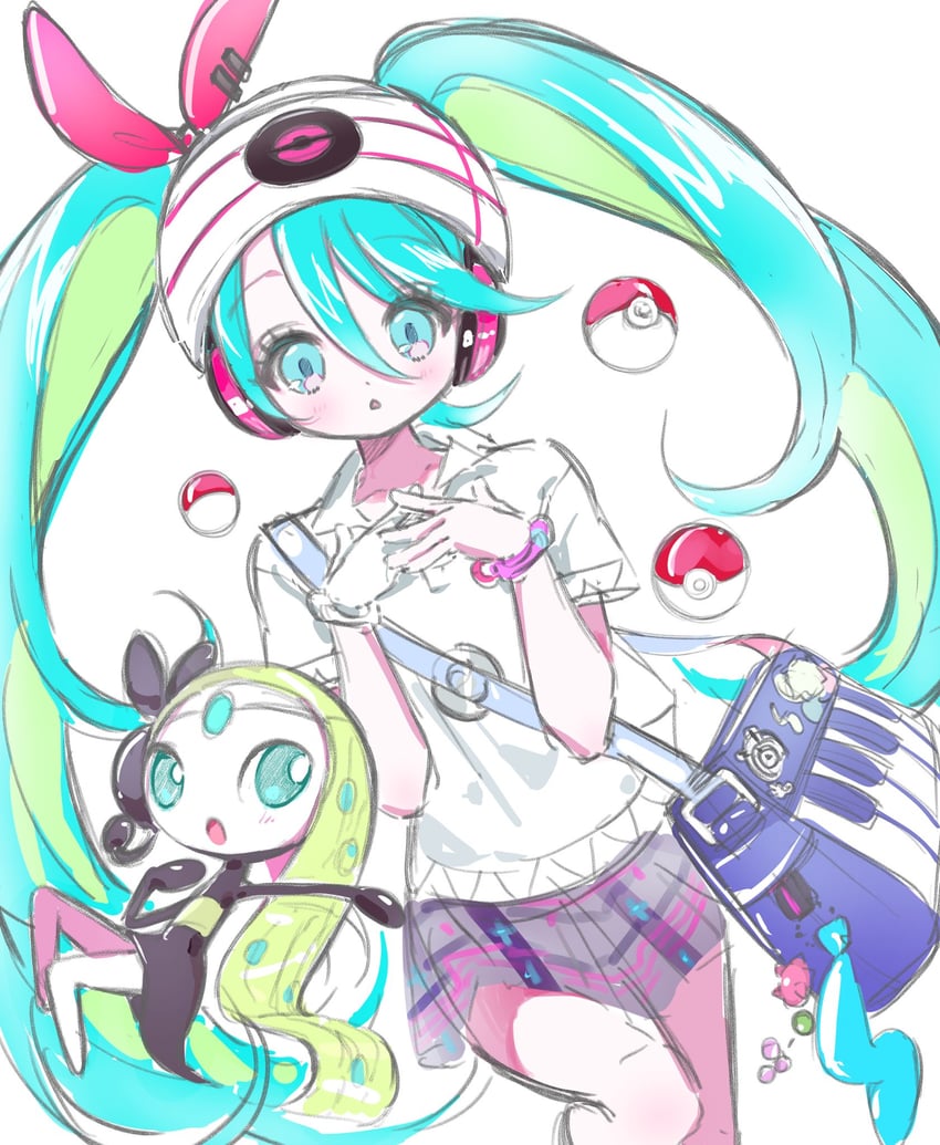 hatsune miku, meloetta, and psychic miku (pokemon and 2 more) drawn by mipi_(u3u_00)