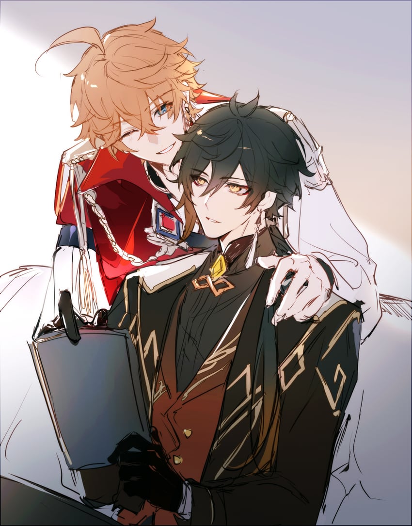 zhongli and tartaglia (genshin impact) drawn by mors_gn