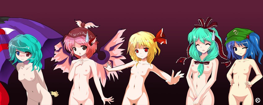rumia, tatara kogasa, kawashiro nitori, mystia lorelei, and kagiyama hina (touhou) drawn by kaoru_(gensou_yuugen-an)
