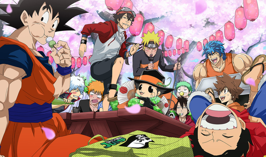son goku, monkey d. luffy, uzumaki naruto, sakata gintoki, kurosaki ichigo, and 6 more (one piece and 11 more) drawn by ladygt93