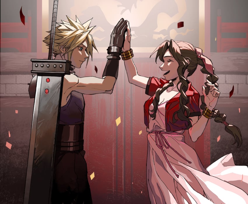 cloud strife and aerith gainsborough (final fantasy and 2 more) drawn by f20210401