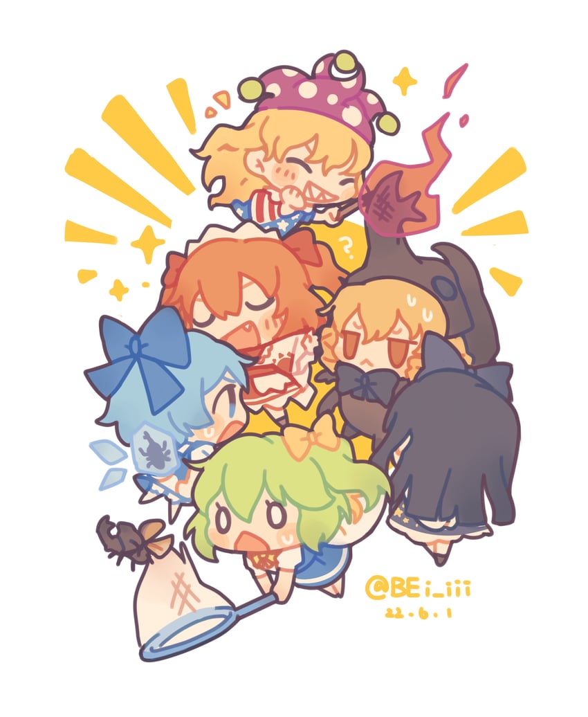 cirno, daiyousei, clownpiece, star sapphire, luna child, and 1 more (touhou) drawn by bei_iii