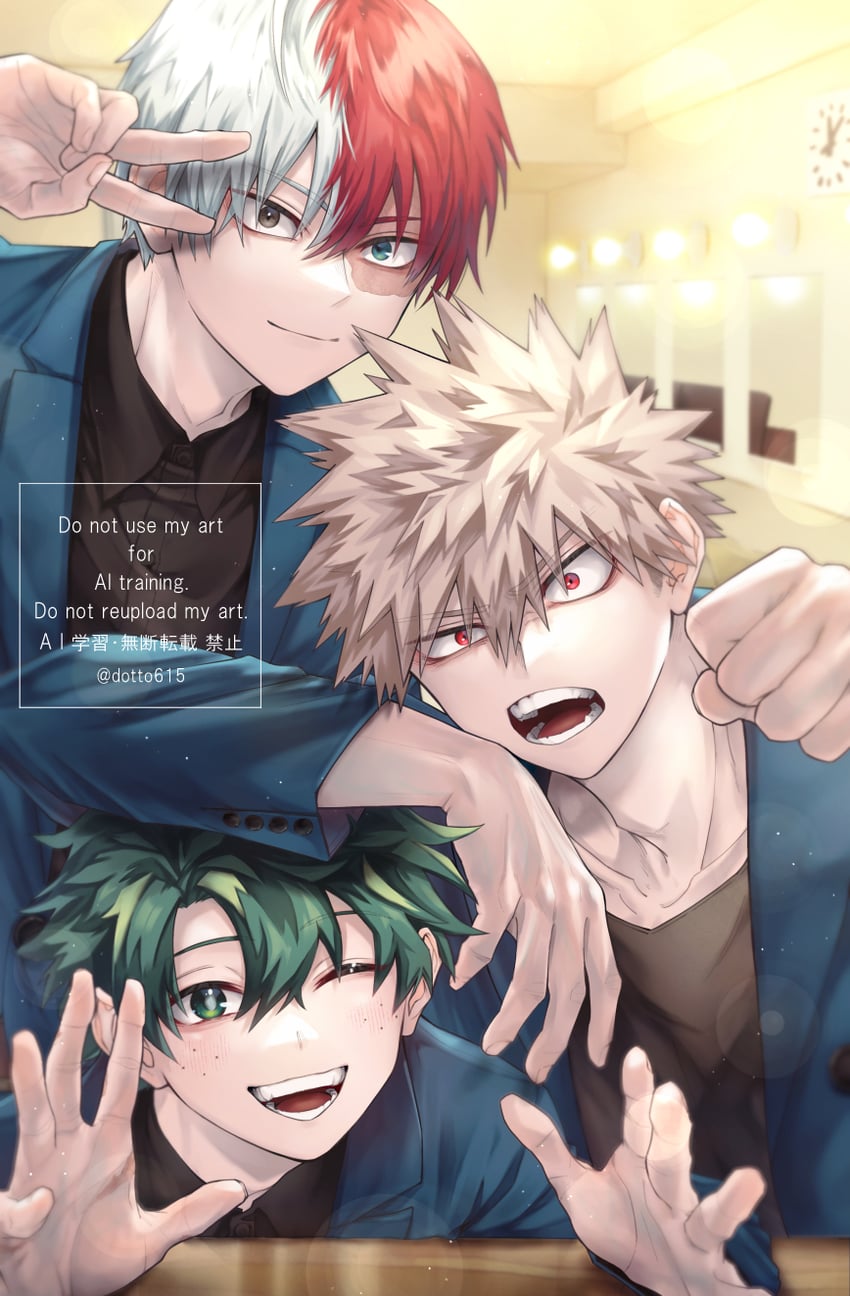 midoriya izuku, bakugou katsuki, and todoroki shoto (boku no hero academia) drawn by ho_(dotto615)