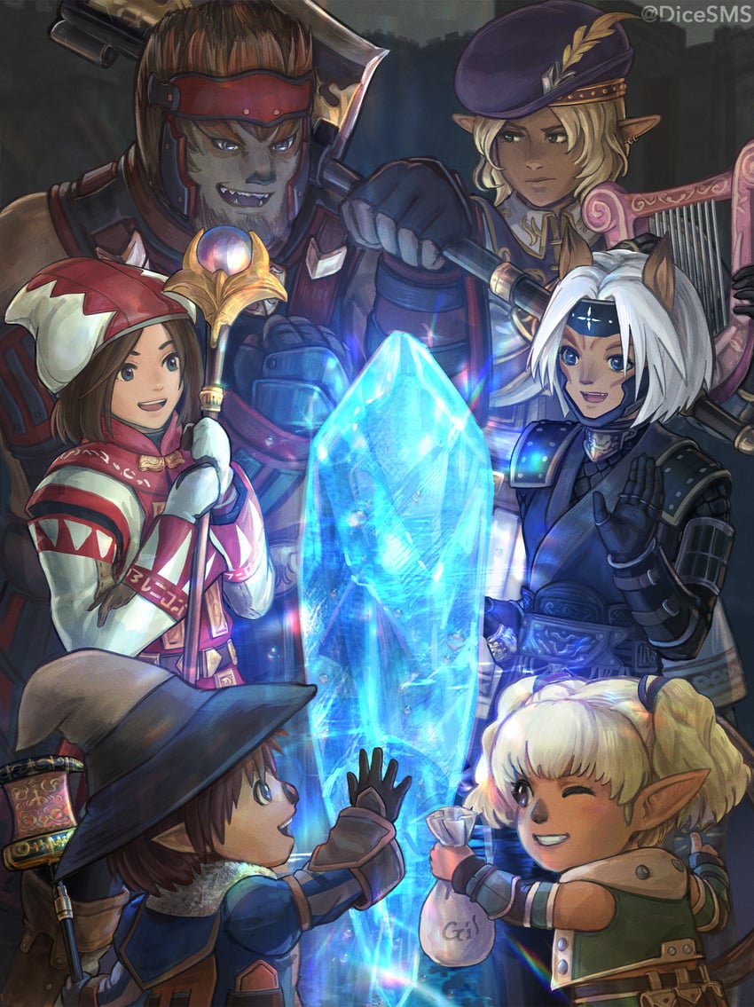 adventurer, white mage, black mage, ninja, thief, and 2 more (final fantasy and 1 more) drawn by dicesms