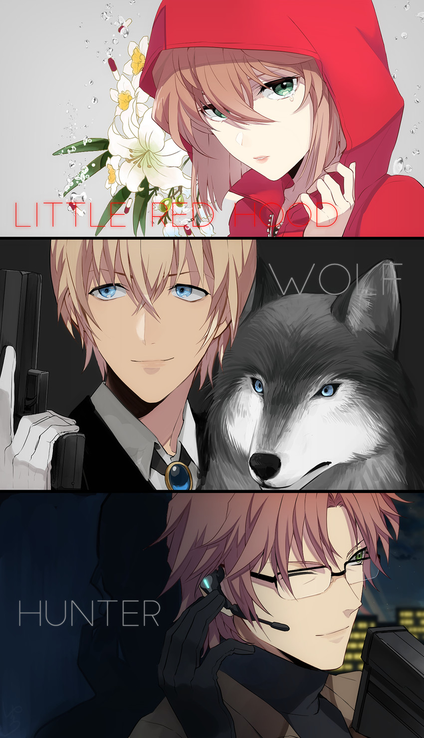 little red riding hood, haibara ai, amuro tooru, akai shuuichi, and okiya subaru (meitantei conan and 1 more) drawn by yukin_(es)