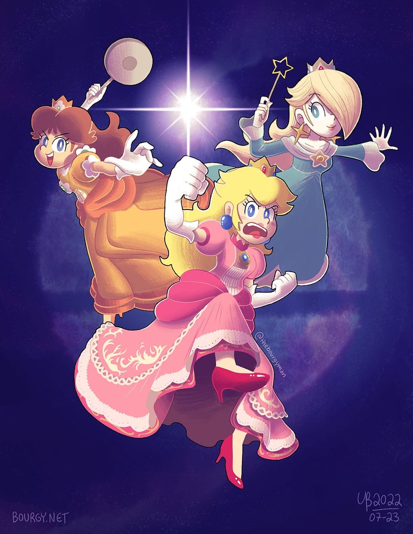 princess peach, rosalina, and princess daisy (mario and 1 more) drawn by thebourgyman
