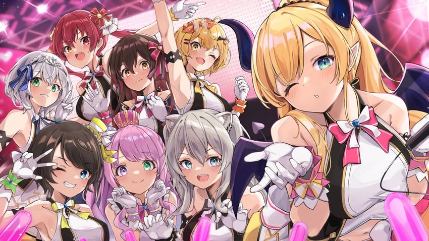 houshou marine, oozora subaru, shirogane noel, shishiro botan, yuzuki choco, and 3 more (hololive) drawn by anbasa_(amaneyuz13)