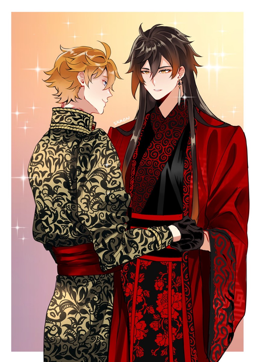 zhongli and tartaglia (genshin impact) drawn by sushisalmon95