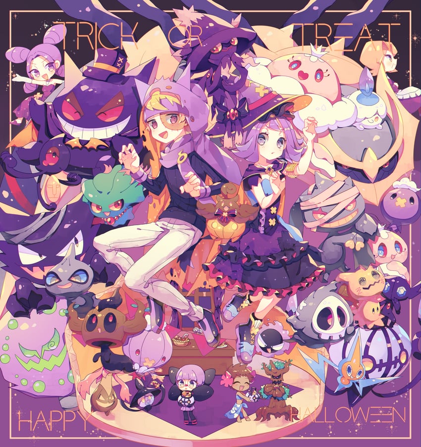 rotom, gengar, mimikyu, litwick, acerola, and 23 more (pokemon and 6 more) drawn by nagatsukiariake