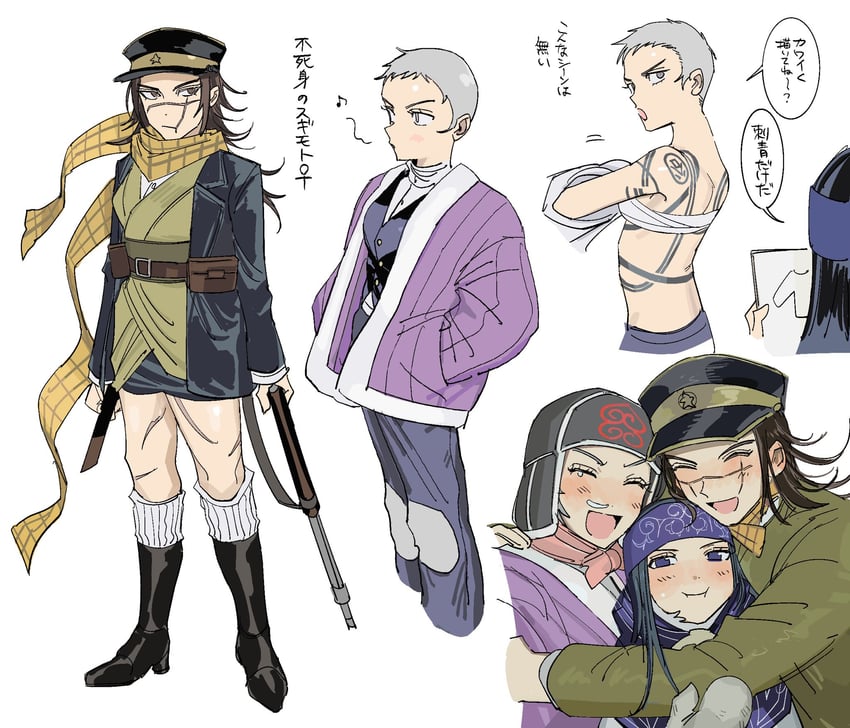sugimoto saichi, asirpa, and shiraishi yoshitake (golden kamuy) drawn by yumei_(jigoku101)