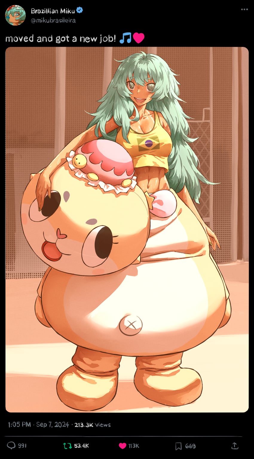 hatsune miku, brazilian miku, chiitan, and kame-chan (vocaloid and 2 more) drawn by haraya_manawari