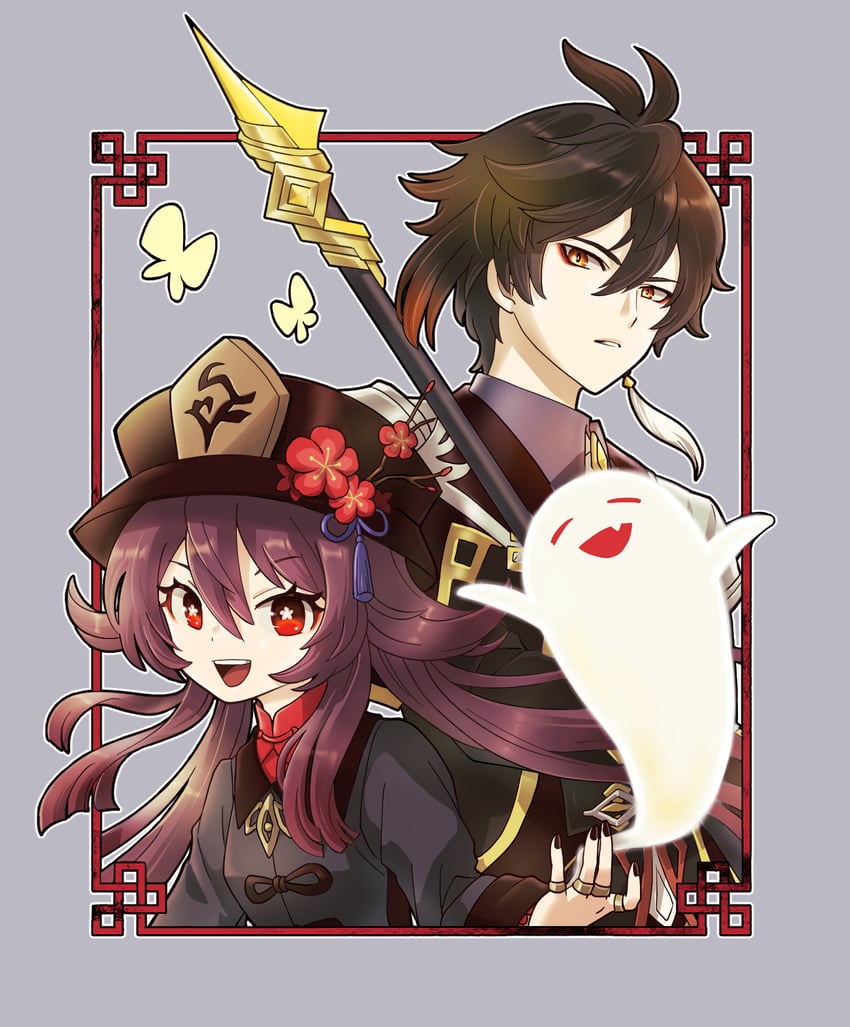 hu tao, zhongli, and boo tao (genshin impact) drawn by tsumiki_yuu