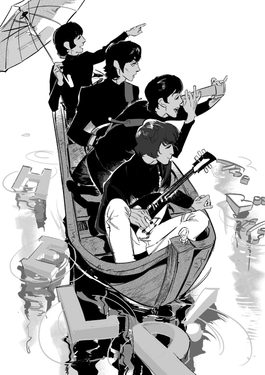 john lennon, paul mccartney, ringo starr, and george harrison (the beatles) drawn by atie1225