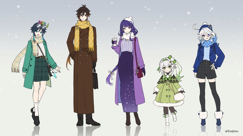 raiden shogun, furina, nahida, zhongli, and venti (genshin impact) drawn by amaichi_esora