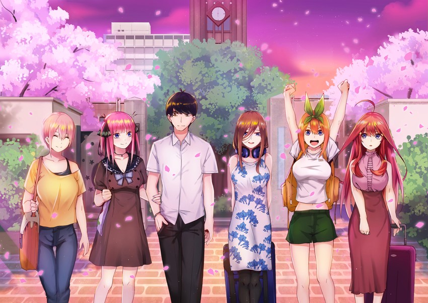 nakano nino, nakano miku, nakano yotsuba, nakano ichika, nakano itsuki, and 1 more (go-toubun no hanayome) drawn by kosmos_beta