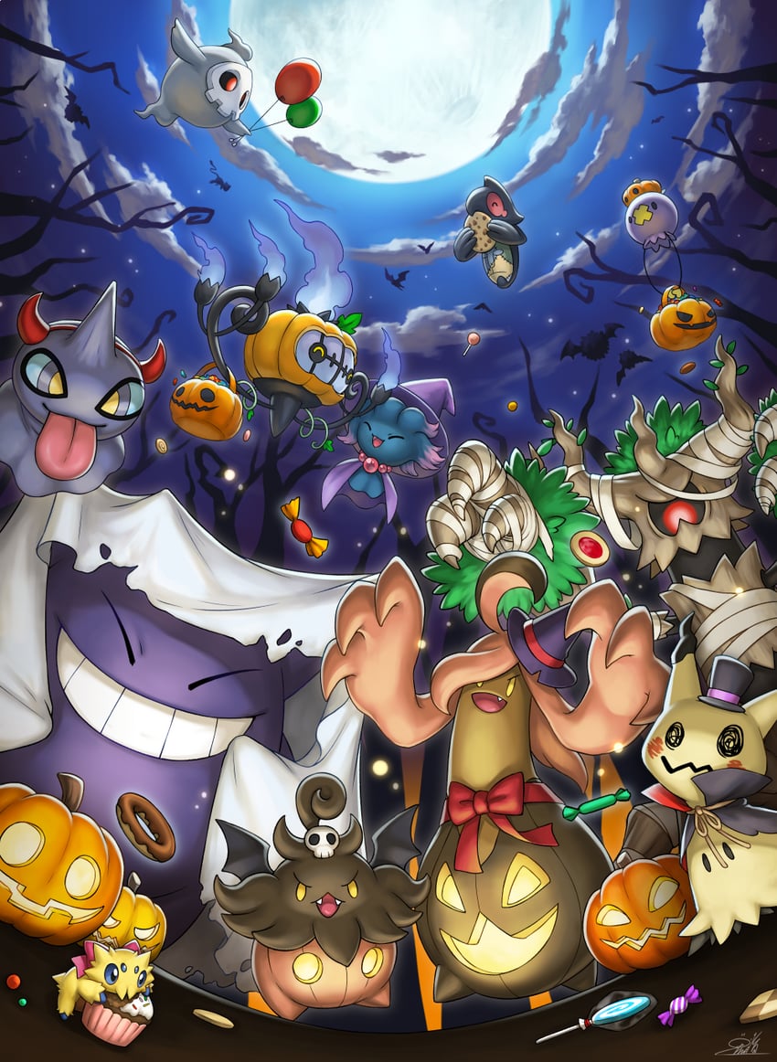 mimikyu, mew, chandelure, misdreavus, joltik, and 8 more (pokemon) drawn by kemonomichi_(blue_black)