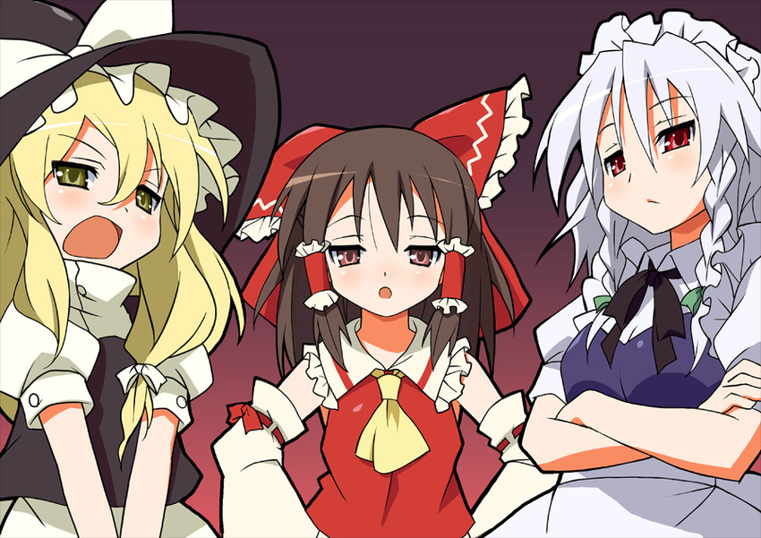 hakurei reimu, kirisame marisa, and izayoi sakuya (touhou) drawn by 9law