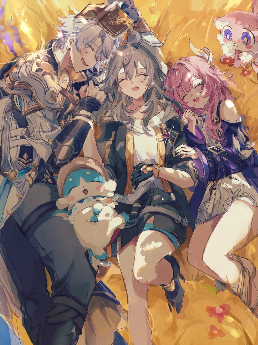 trailblazer, stelle, phainon, cyrene, and bubbles (honkai and 1 more) drawn by pe_eee00