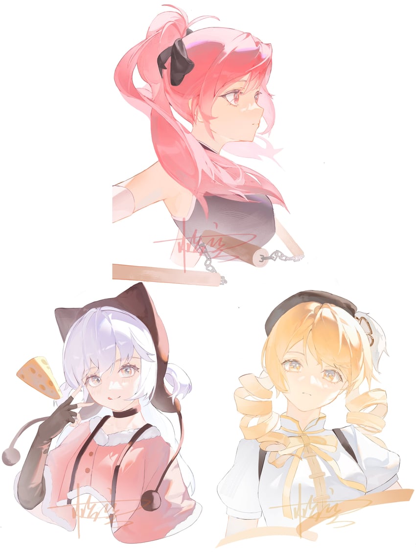 sakura kyoko, tomoe mami, and momoe nagisa (mahou shoujo madoka magica) drawn by chaconne