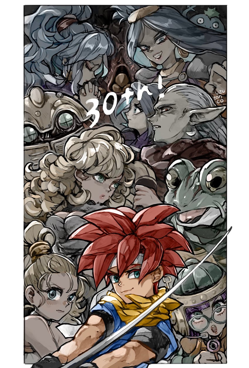 lucca ashtear, crono, marle, ayla, frog, and 7 more (chrono trigger) drawn by uzutanco