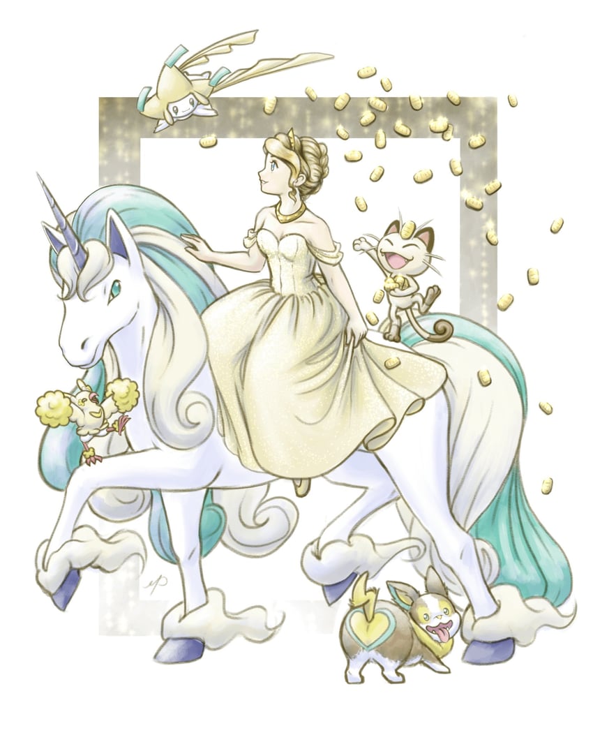 meowth, jirachi, yamper, oricorio, galarian rapidash, and 1 more (pokemon) drawn by mgishere