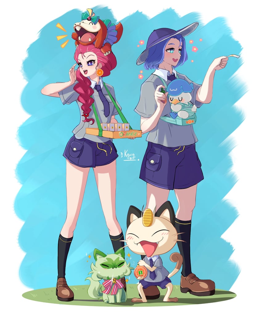 juliana, florian, jessie, sprigatito, james, and 3 more (pokemon and 1 more) drawn by soylakagura