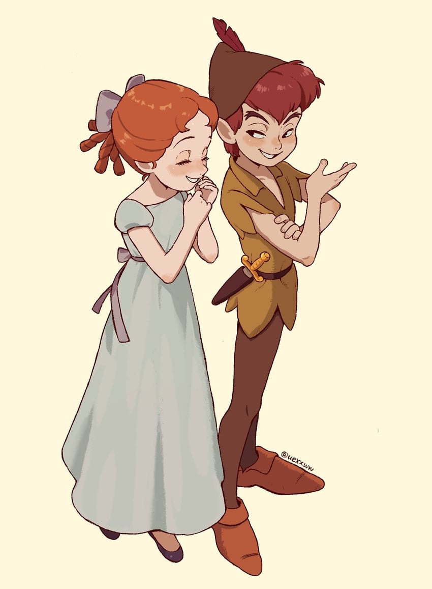 peter pan and wendy darling (walt disney's peter pan) drawn by kumao_(uexxww)