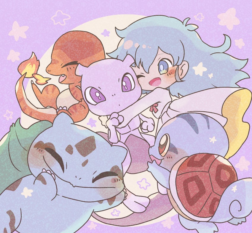 bulbasaur, squirtle, charmander, mewtwo, ambertwo, and 3 more (pokemon and 1 more) drawn by yoshishi_(yosisitoho)