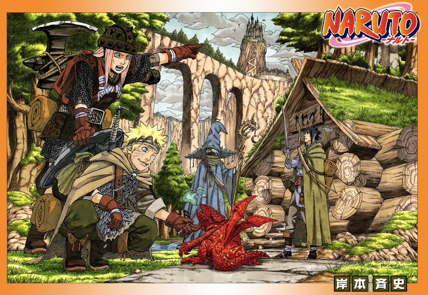 haruno sakura, uzumaki naruto, uchiha sasuke, and hatake kakashi (naruto) drawn by kishimoto_masashi