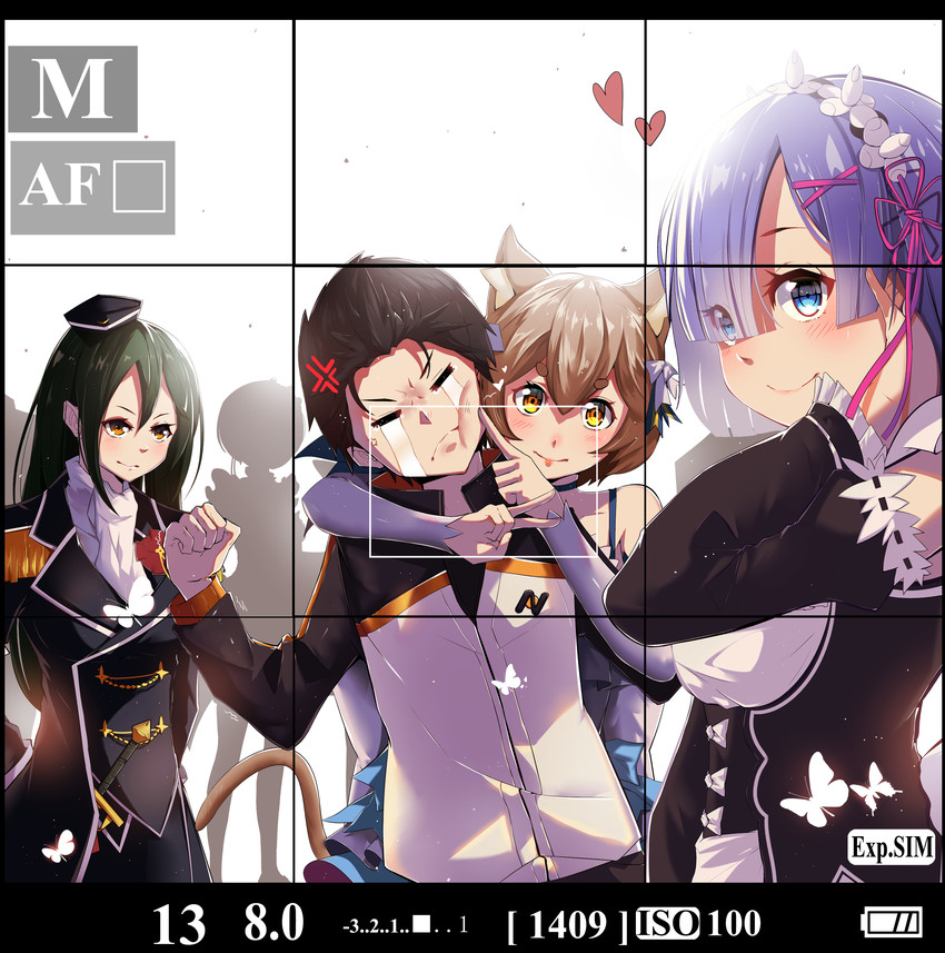 rem, ram, natsuki subaru, felix argyle, and crusch karsten (re:zero kara hajimeru isekai seikatsu) drawn by lucky_(1045044604)
