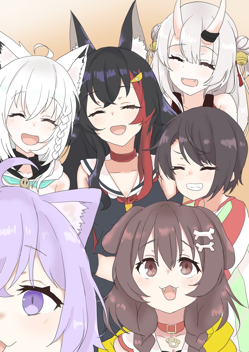 shirakami fubuki, nekomata okayu, ookami mio, oozora subaru, inugami korone, and 1 more (hololive) drawn by amatsubu_an