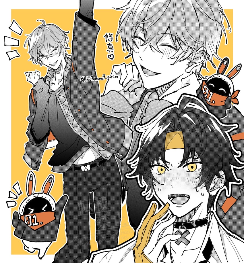 wise, eous, and asaba harumasa (zenless zone zero) drawn by cha7mome9_gnsn