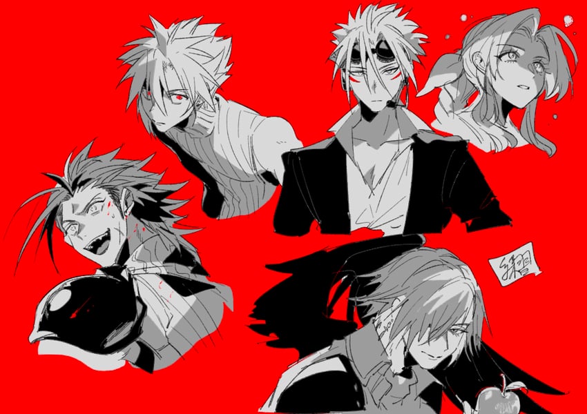 cloud strife, aerith gainsborough, zack fair, reno, and genesis rhapsodos (final fantasy and 2 more) drawn by pokashi