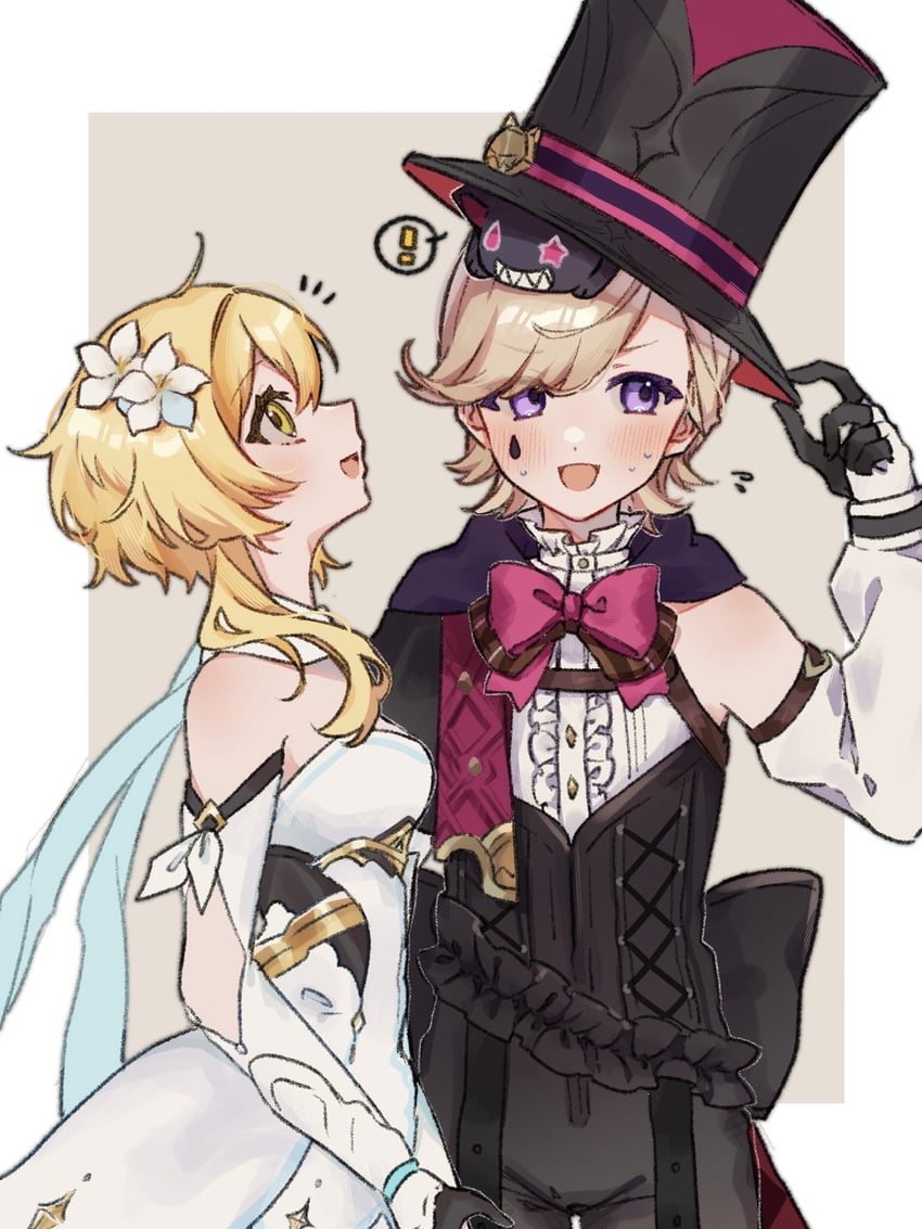 lumine and lyney (genshin impact) drawn by mashu_(masyu_ut)