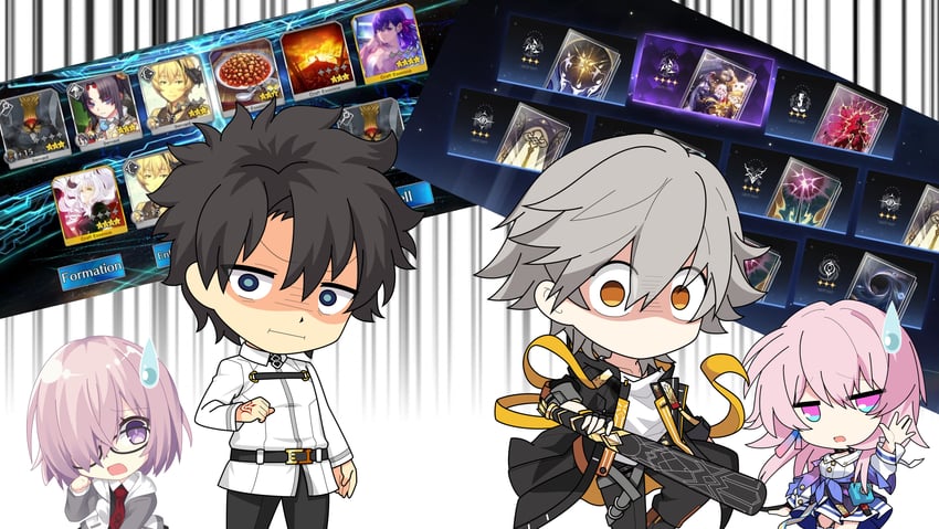 mash kyrielight, fujimaru ritsuka, trailblazer, march 7th, and caelus (fate and 3 more) drawn by gatalmanz