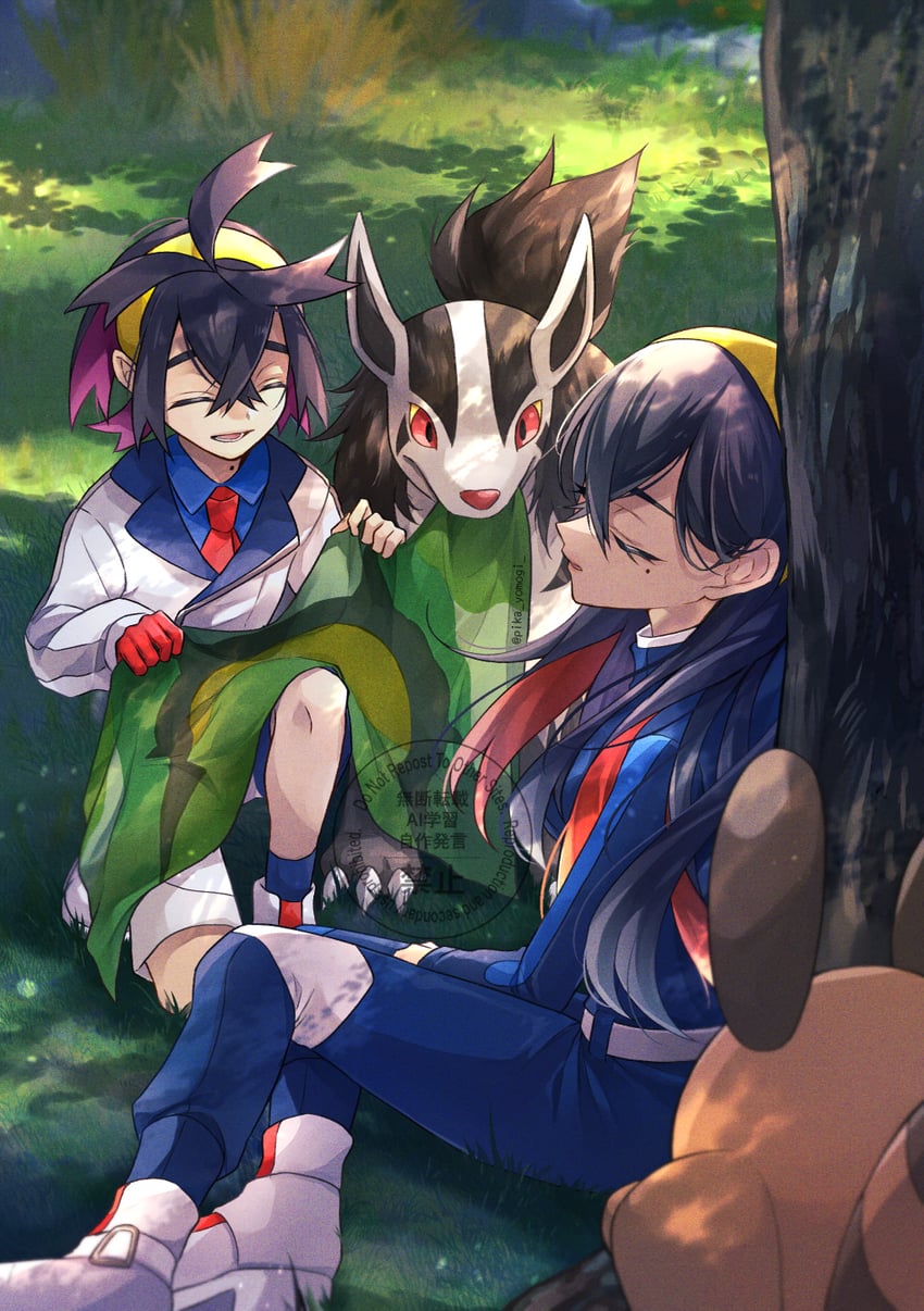 kieran, carmine, sentret, and mightyena (pokemon and 1 more) drawn by yomogi_(black-elf)