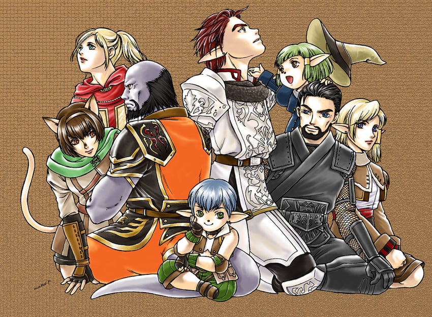 adventurer, white mage, black mage, paladin, ninja, and 4 more (final fantasy and 1 more) drawn by yamamoro_marumi