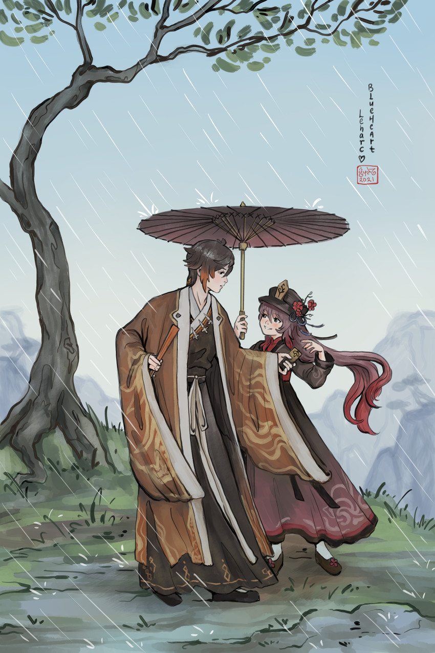 hu tao and zhongli (genshin impact) drawn by leharc_blueheart