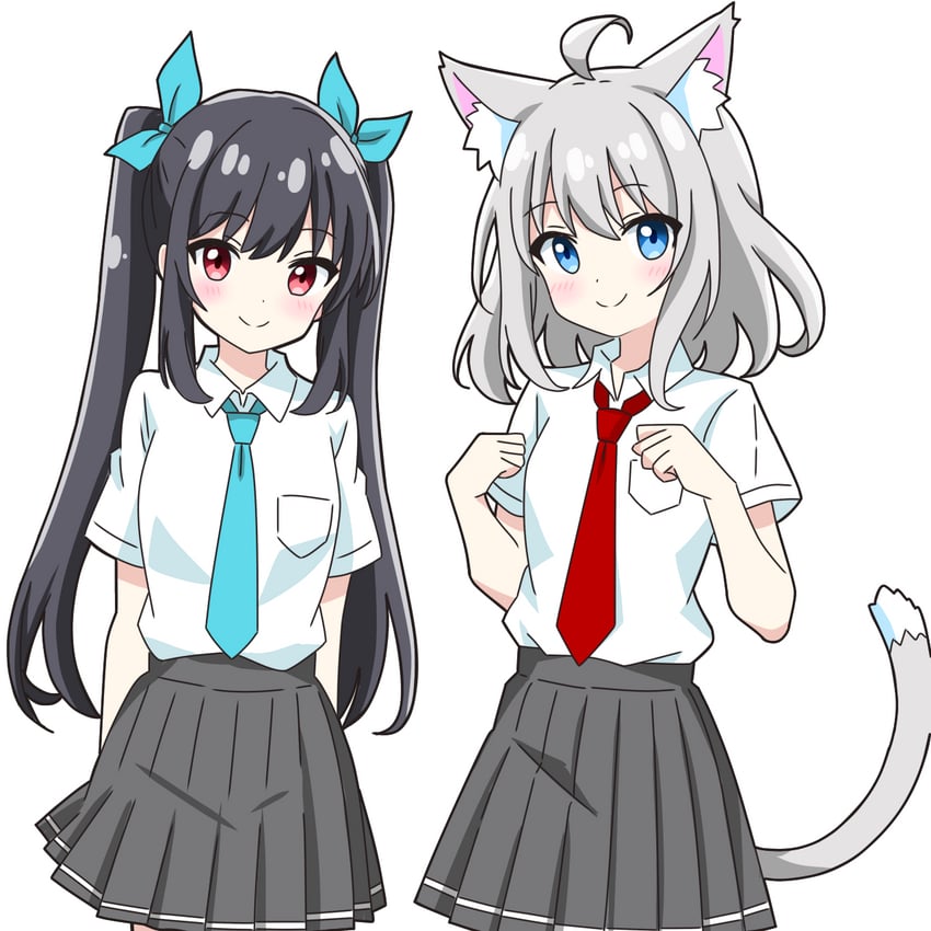 grey-haired cat girl and black-haired twintail girl (original) drawn by kotatsu-mazoku