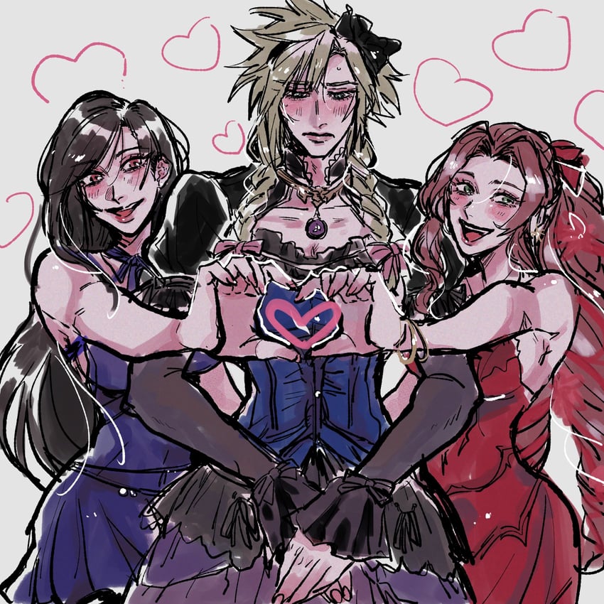 tifa lockhart, cloud strife, and aerith gainsborough (final fantasy and 2 more) drawn by ht8207