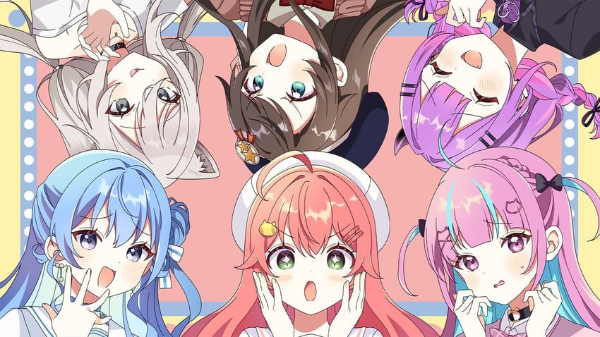 hoshimachi suisei, minato aqua, sakura miko, tokoyami towa, oozora subaru, and 1 more (hololive) drawn by hutaba_haru