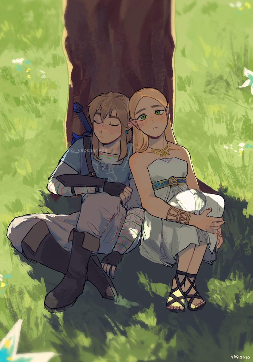 link and princess zelda (the legend of zelda and 1 more) drawn by sharlene_yap