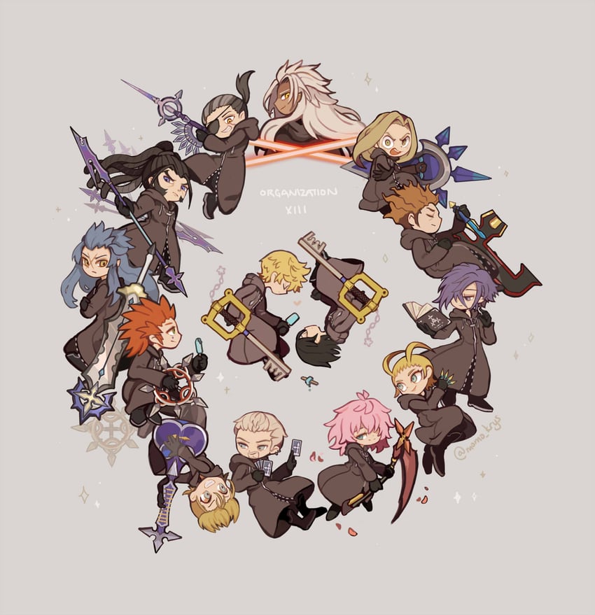 roxas, xion, axel, xemnas, saix, and 9 more (kingdom hearts and 1 more) drawn by momoppi