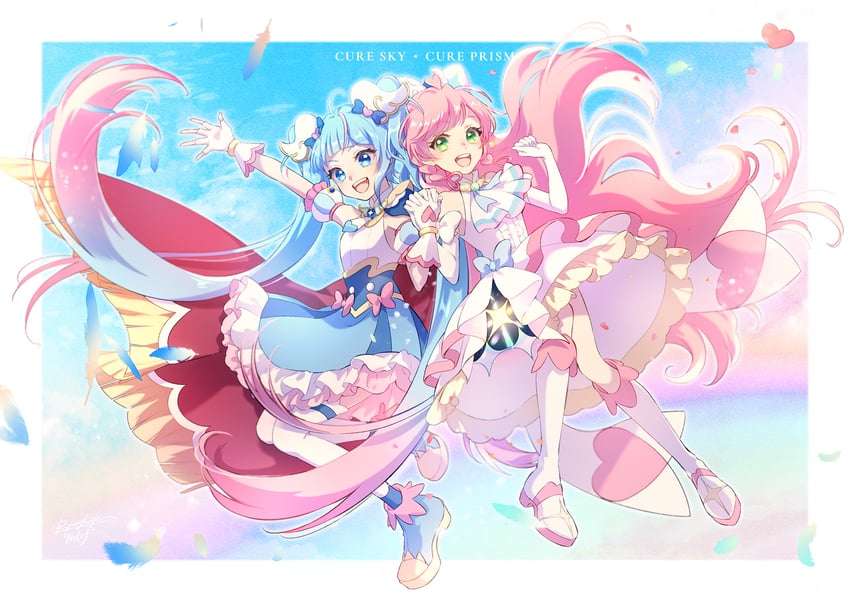 sora harewataru, nijigaoka mashiro, cure sky, and cure prism (precure and 1 more) drawn by lanzhu