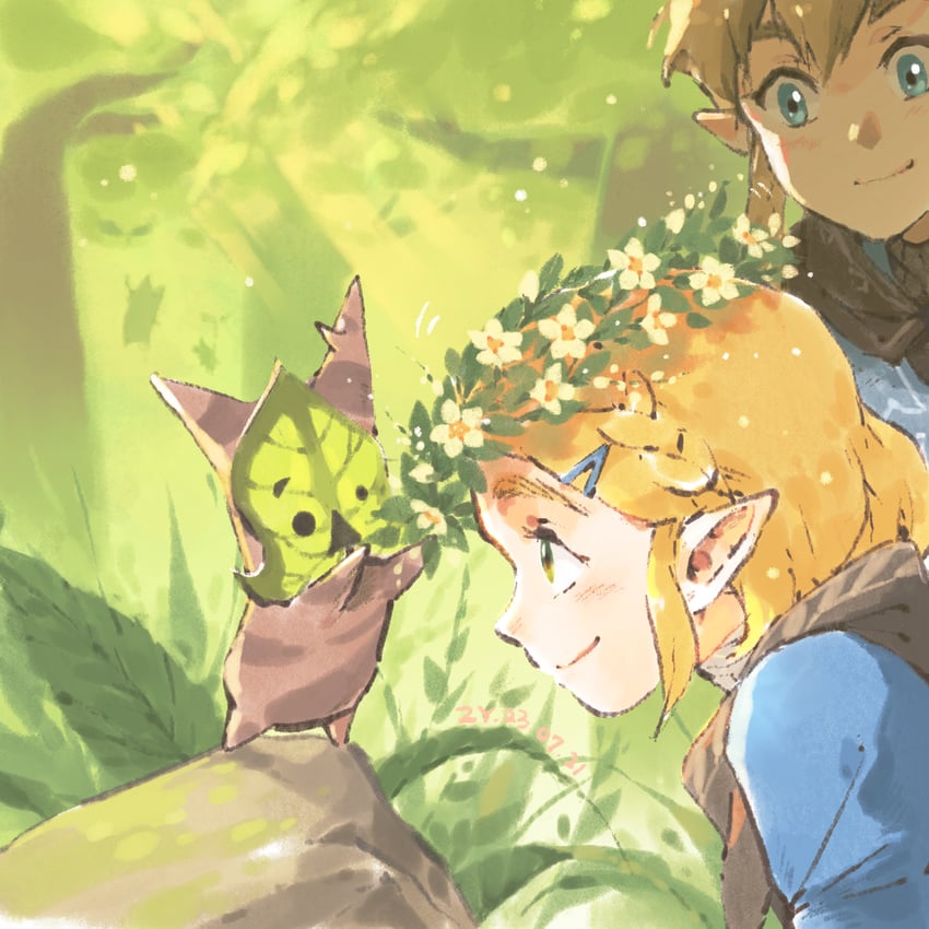 link, princess zelda, and korok (the legend of zelda and 1 more) drawn by kchang57