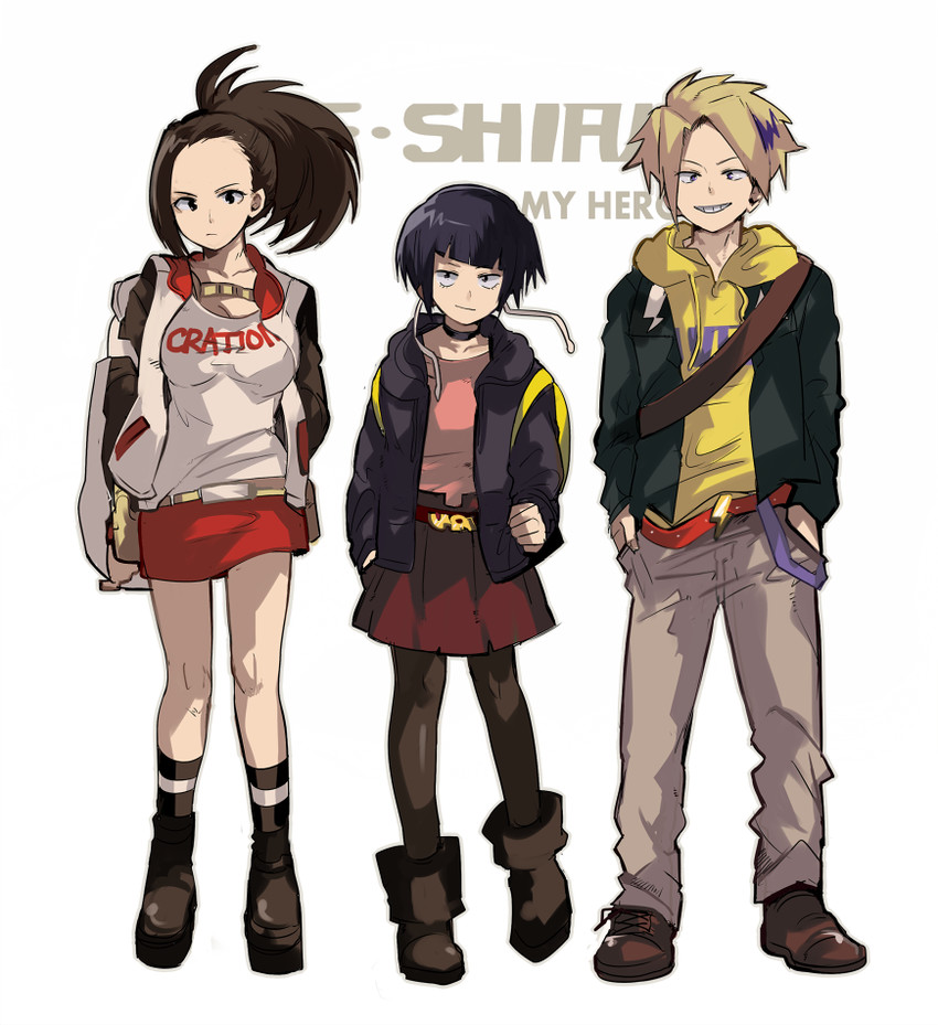 yaoyorozu momo, jiro kyoka, and kaminari denki (boku no hero academia) drawn by shina_000