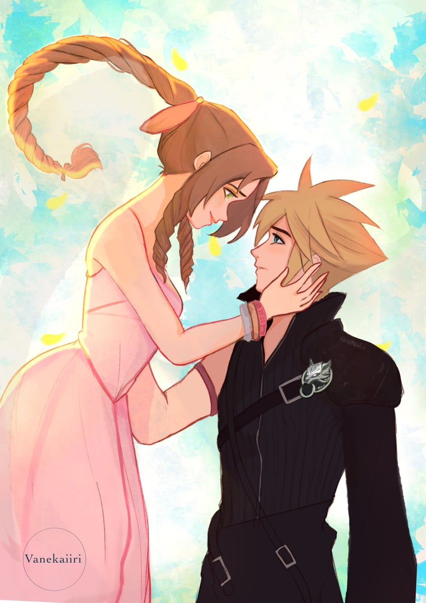 cloud strife and aerith gainsborough (final fantasy and 3 more) drawn by vanekairi