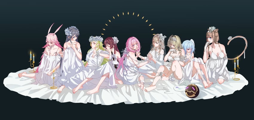 elysia, fu hua, yae sakura, mobius, aponia, and 4 more (honkai and 1 more) drawn by graveyard233