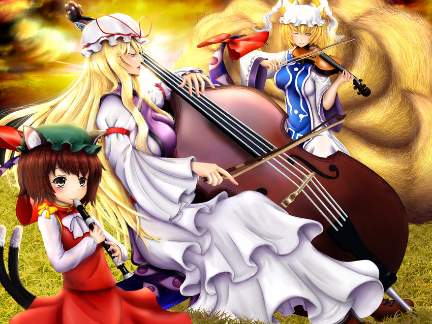 yakumo yukari, yakumo ran, and chen (touhou) drawn by redoredo_(godprogress)